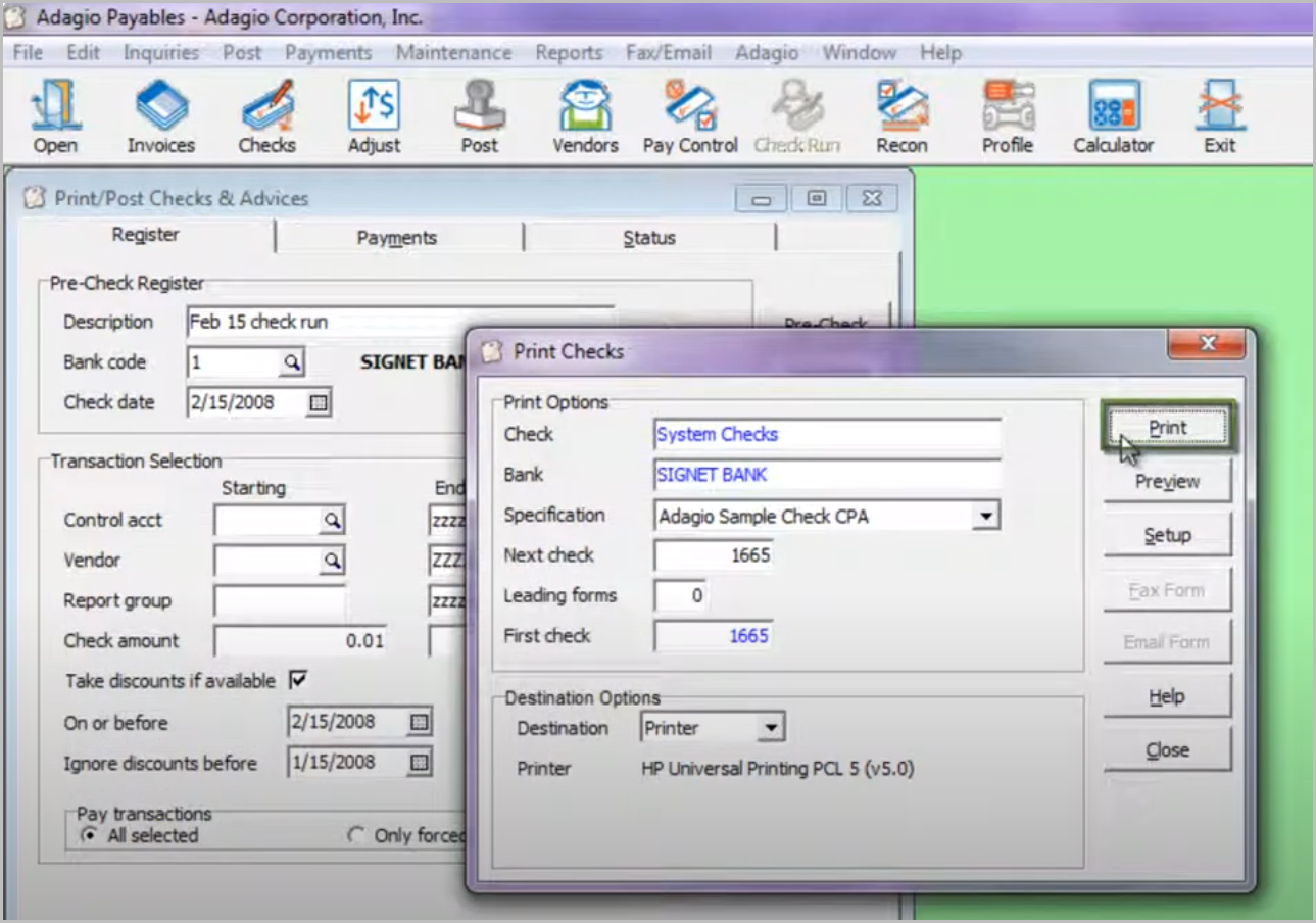 Adagio Payables Check Processing